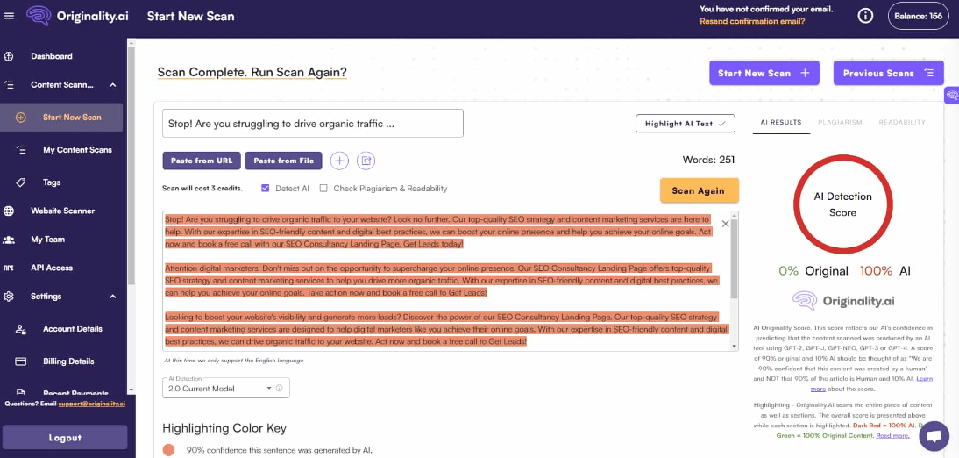 dashboard of the AI detection tool originality.ai